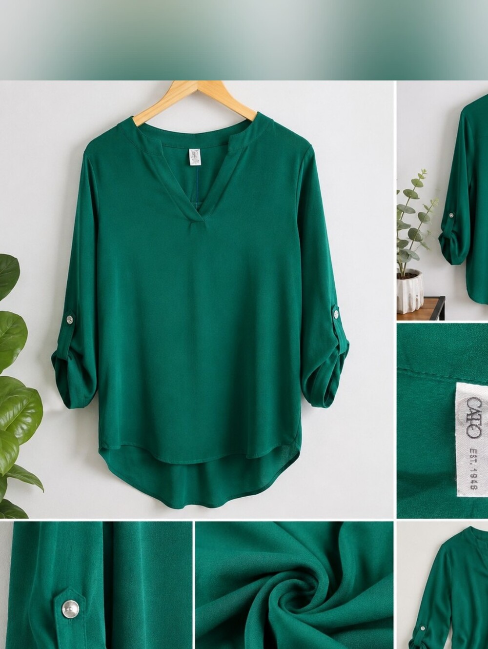 Cato Emerald Green V-Neck Roll-Tab Sleeve Blouse